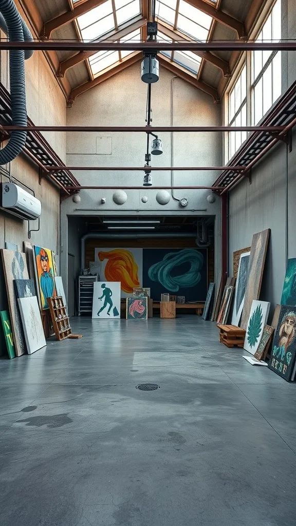 A spacious urban loft art studio with high ceilings, natural light, and various artworks displayed.