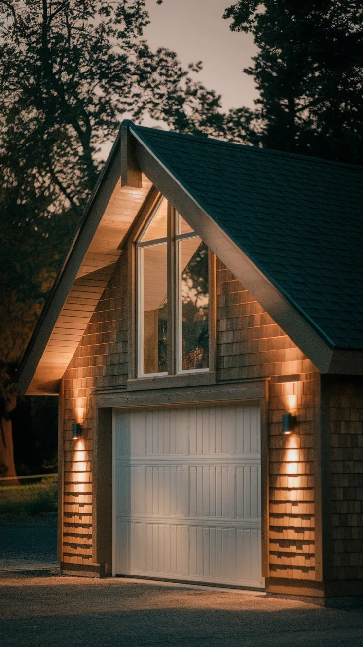 A beautifully lit garage exterior showcasing architectural features with warm lights