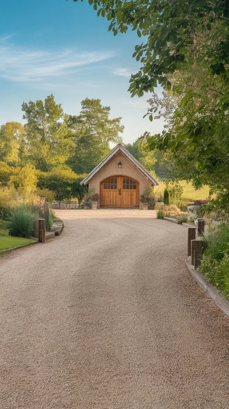 A scenic gravel driveway leading to a charming garage surrounded by greenery.