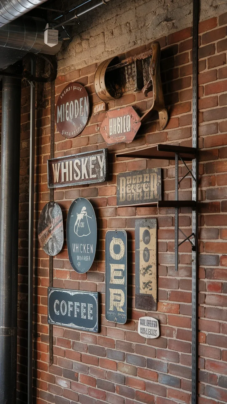 A collection of vintage metal signs on a brick wall, showcasing various themes such as whiskey, coffee, and playful sayings.