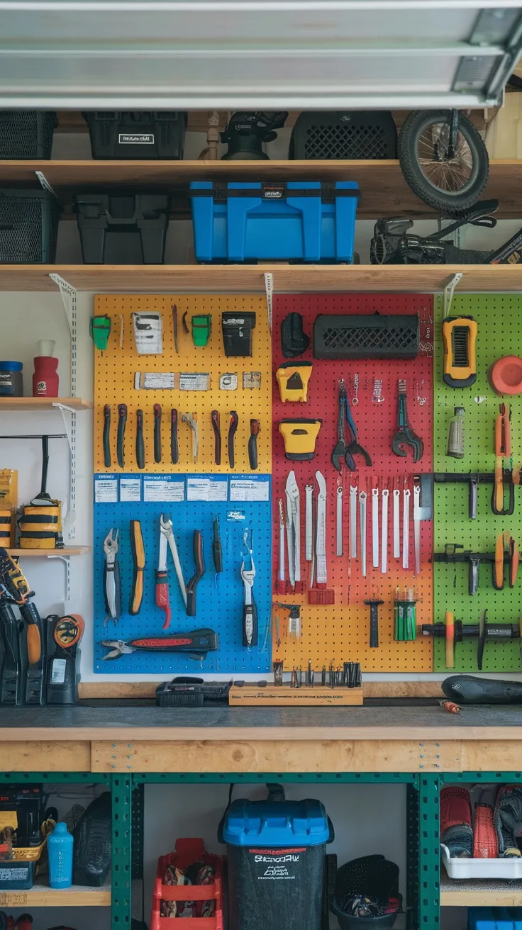 Colorful pegboard with organized tools for garage storage