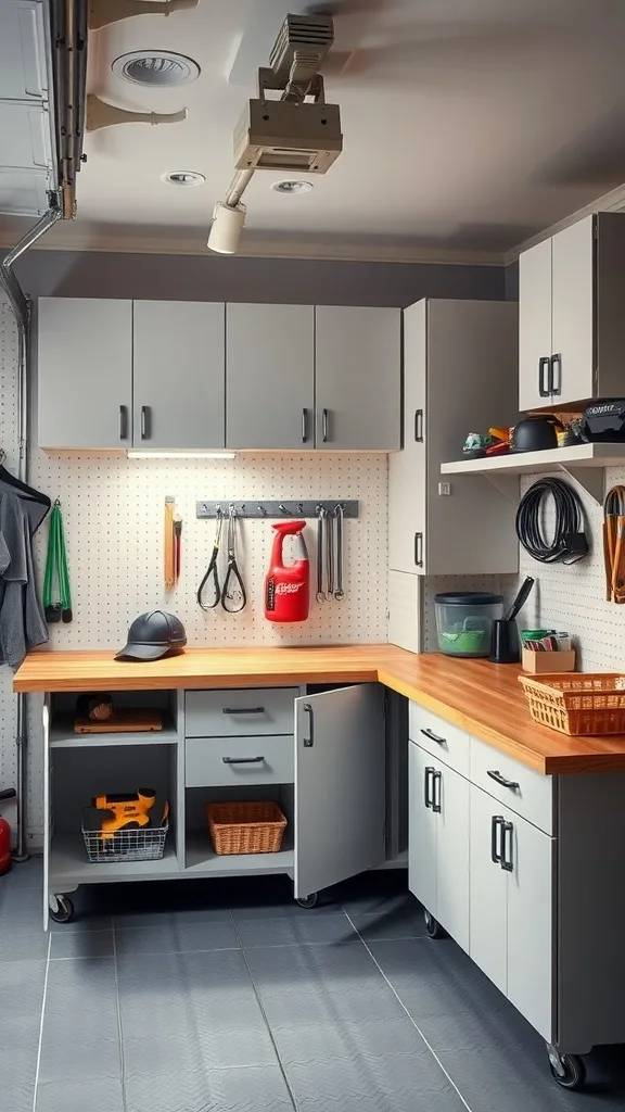 A well-organized garage with utility cabinets and a workbench, featuring a pegboard for tools, baskets, and a clean workspace.