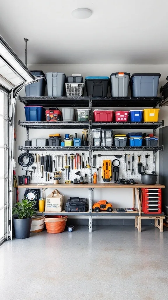 An organized garage showcasing overhead storage with bins and boxes, leaving the floor clear.