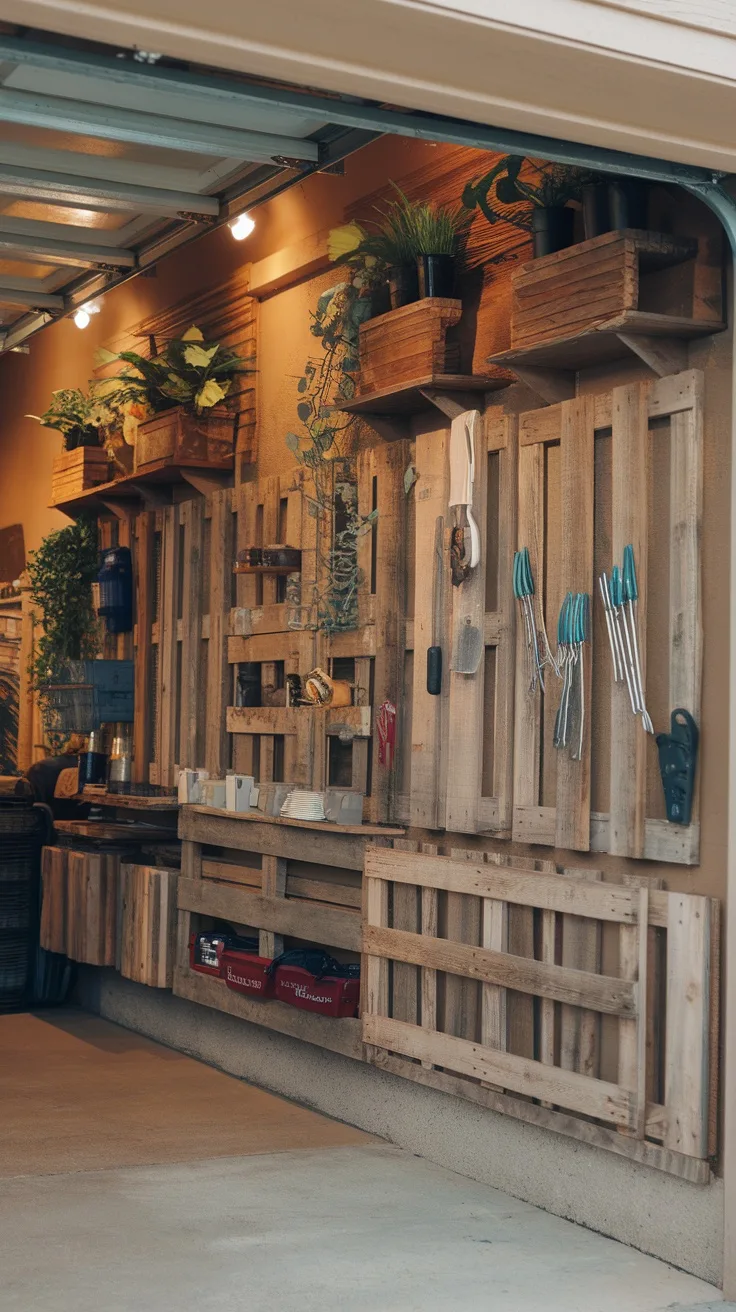 A garage wall decorated with wooden pallets, featuring plants, tools, and storage spaces.