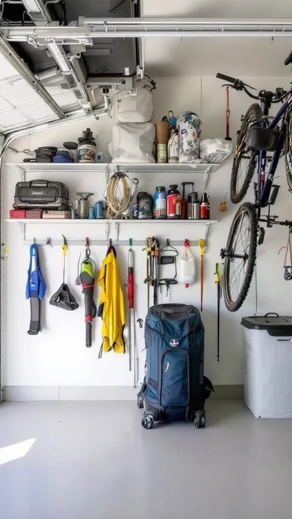 A well-organized garage with wall-mounted racks and hooks displaying bicycles and gear.