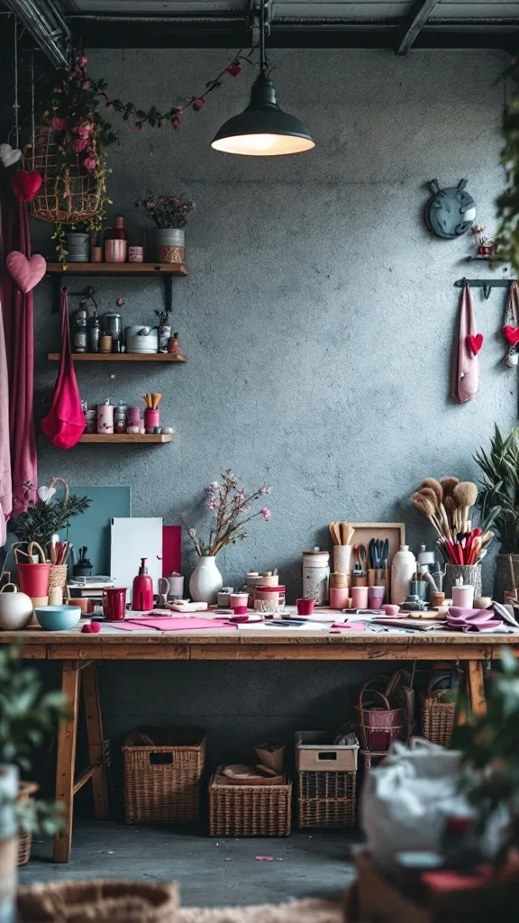 Craft station decorated for Valentine's Day with supplies on a table, including paper, paints, and decorations.