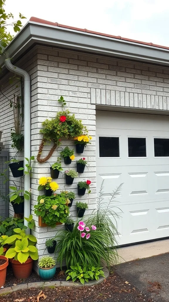 A vertical garden wall with potted flowers and plants on the side of a garage.