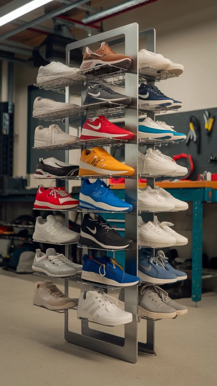 A vertical shoe rack displaying various pairs of shoes in a garage