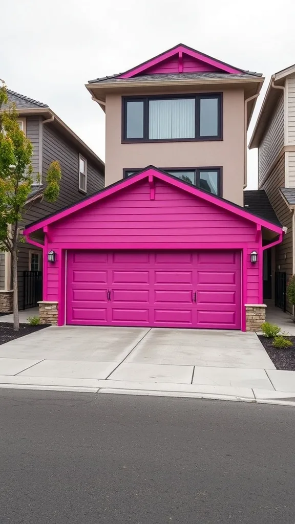 A vibrant fuchsia garage with stone accents in a modern neighborhood.