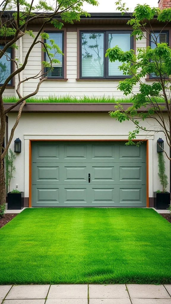 A garage with a vibrant grass green door set against a lush green lawn and a simple home exterior.