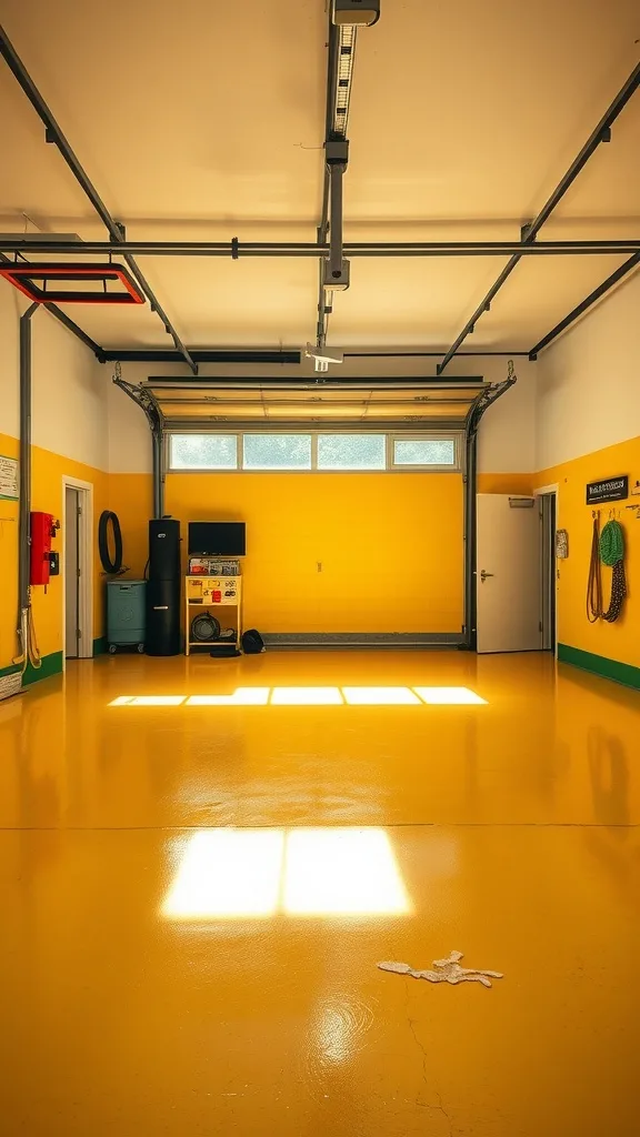 A garage with bright yellow epoxy flooring and yellow walls, illuminated by sunlight from large windows.