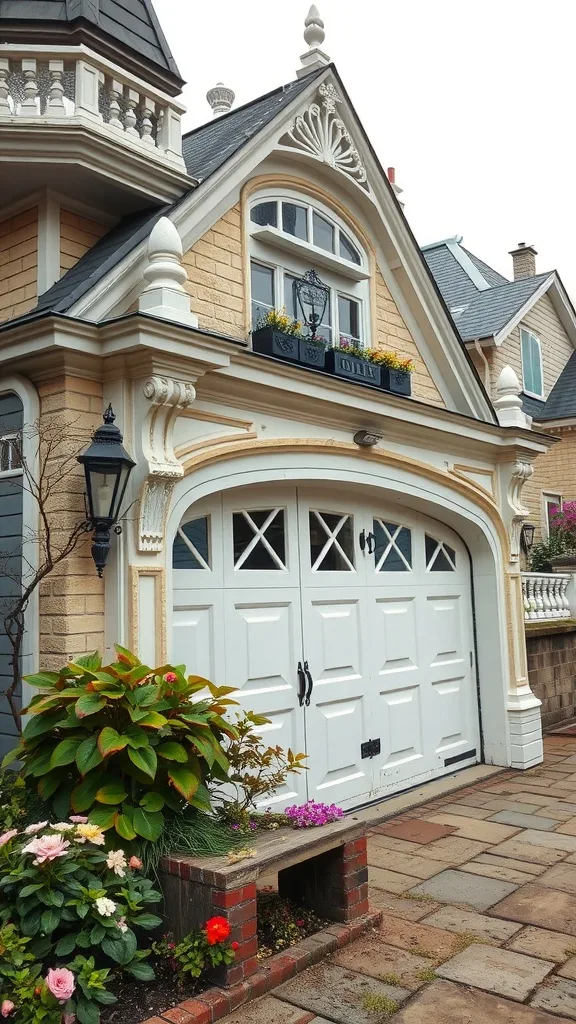 A Victorian garage featuring ornate details, a white garage door with diamond-shaped windows, and a lovely garden with flowers and greenery.