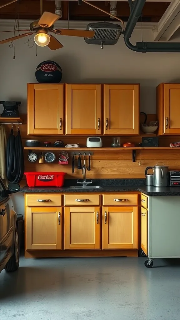 A vintage-style garage with wooden cabinets and a cozy atmosphere.