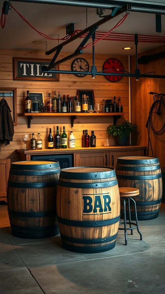 A garage bar featuring vintage barrels as tables, surrounded by shelves of liquor and rustic decor.