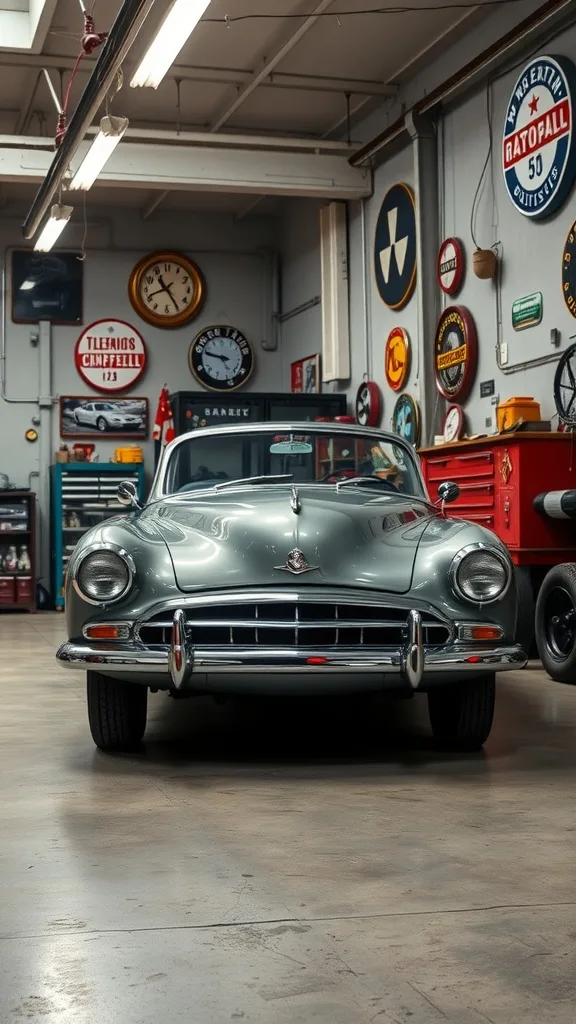 A vintage car on display in a garage with memorabilia and tools around it.