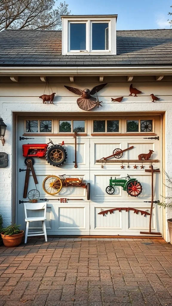 A garage door decorated with vintage farm equipment and tools, including a red tractor, green toy tractor, and various rustic accents.