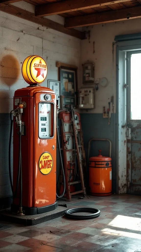A vintage gas pump in a garage setting, showcasing bright orange color and retro design.