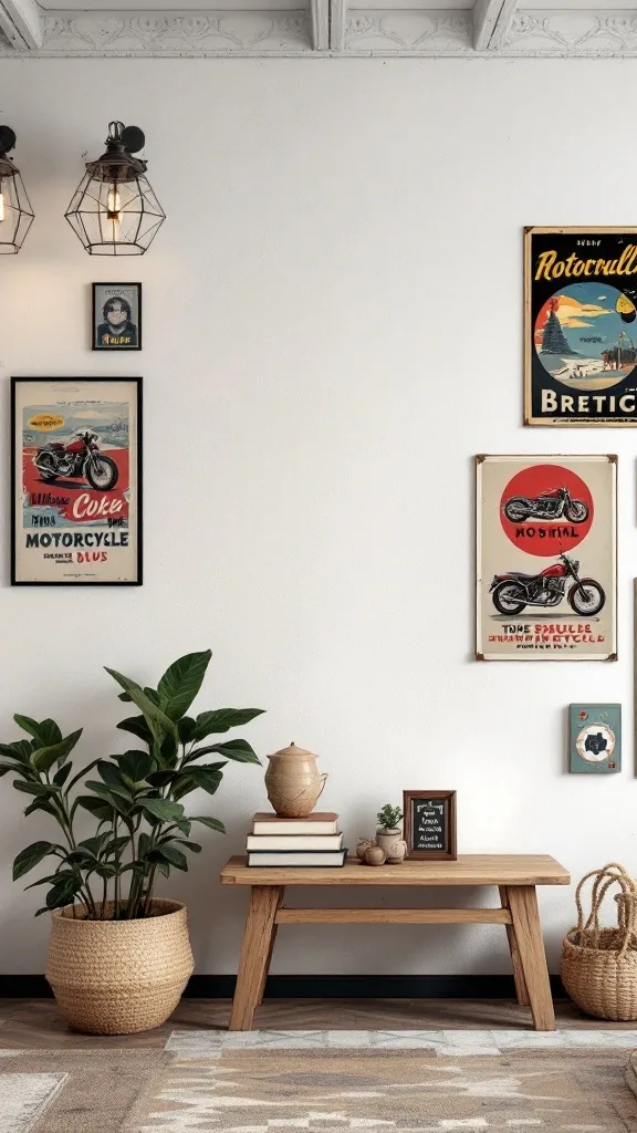 A garage wall featuring vintage motorcycle posters, with a wooden bench and decorative plants.