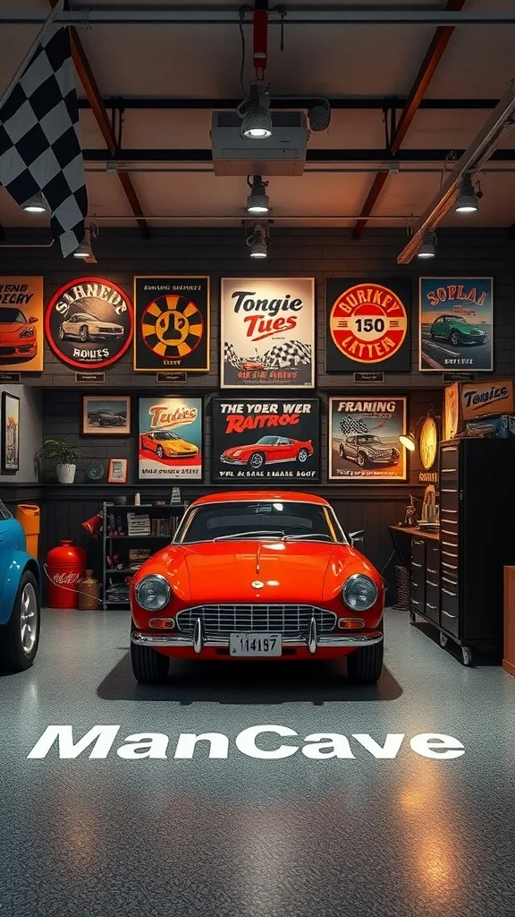 A vintage racing themed man cave featuring a red sports car, retro posters, and checkered flags.