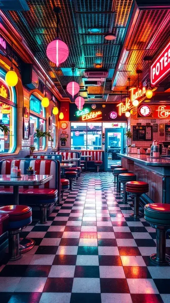 A vibrant interior of a retro diner featuring colorful booths, checkered flooring, and neon lights.