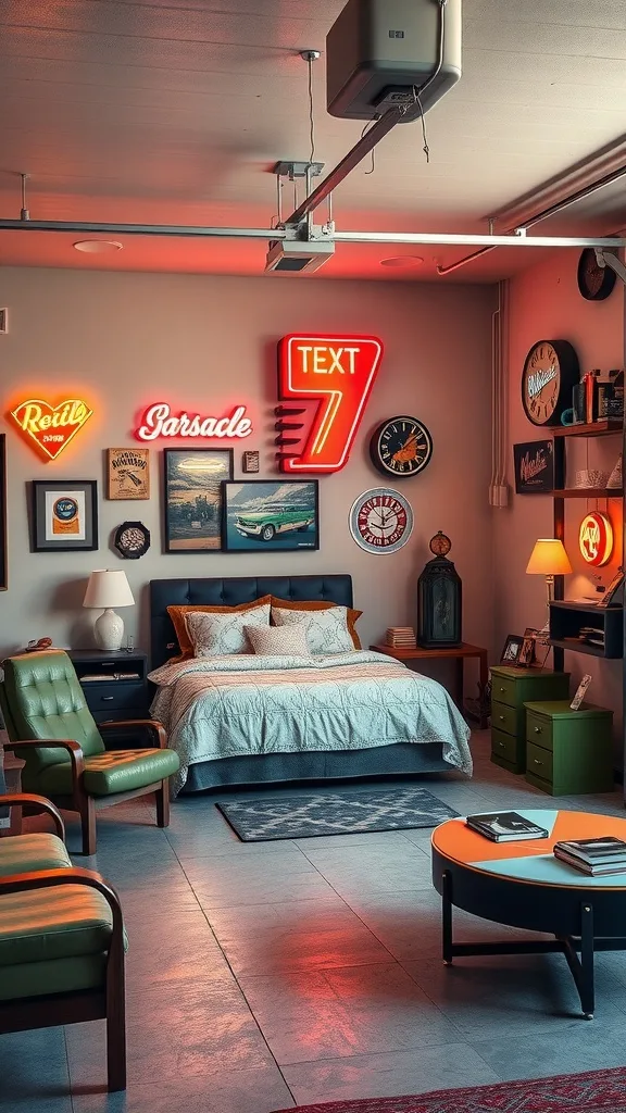 A cozy garage bedroom with vintage retro decor, featuring neon signs, a comfortable bed, and stylish furniture.