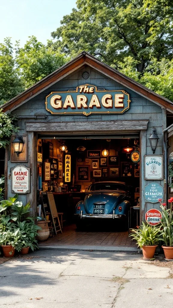 A garage exterior featuring vintage signage, including a bold 'GARAGE' sign and plants surrounding the entrance.