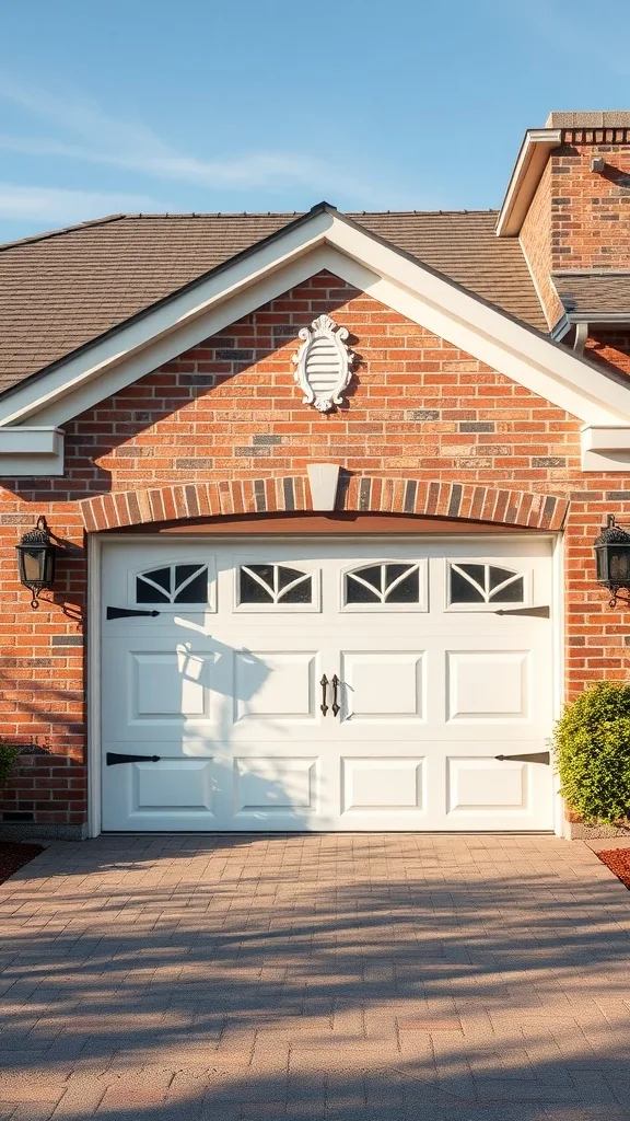 A beautiful vinyl garage door with decorative accents next to a brick house.