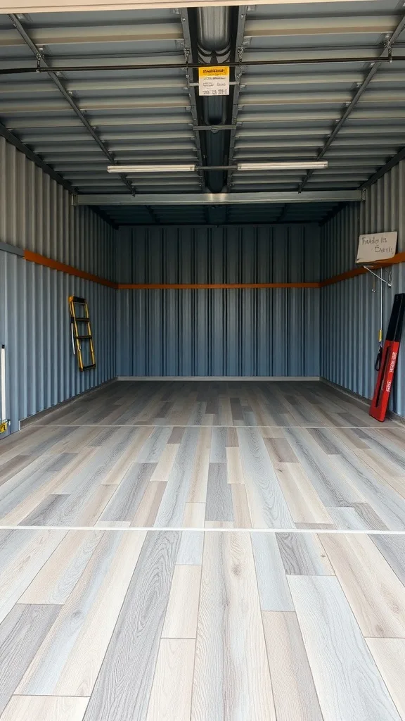 Interior view of a garage with light-colored vinyl plank flooring.