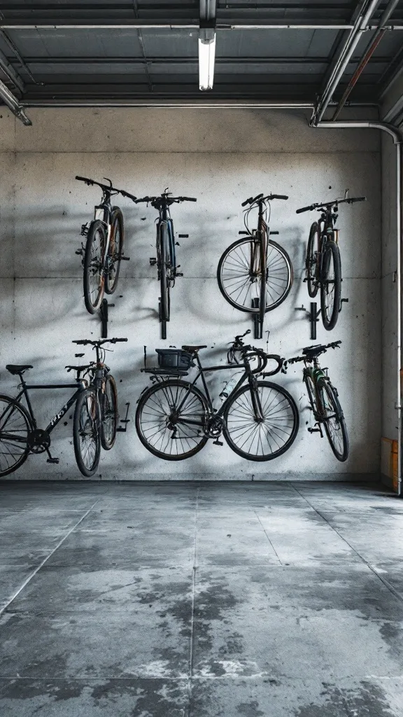 Wall-mounted bike racks with several bicycles hanging in a garage