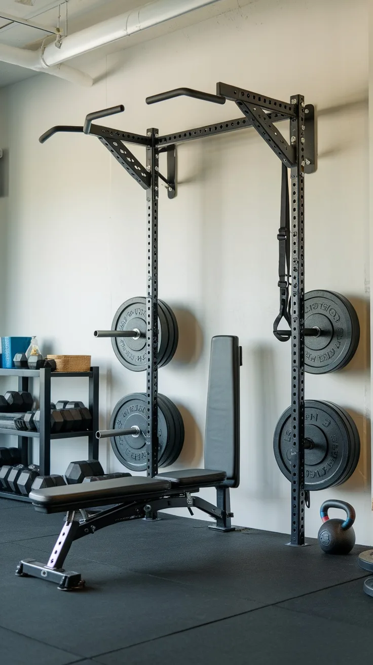 Wall-mounted power rack with weights and adjustable bench in a garage gym