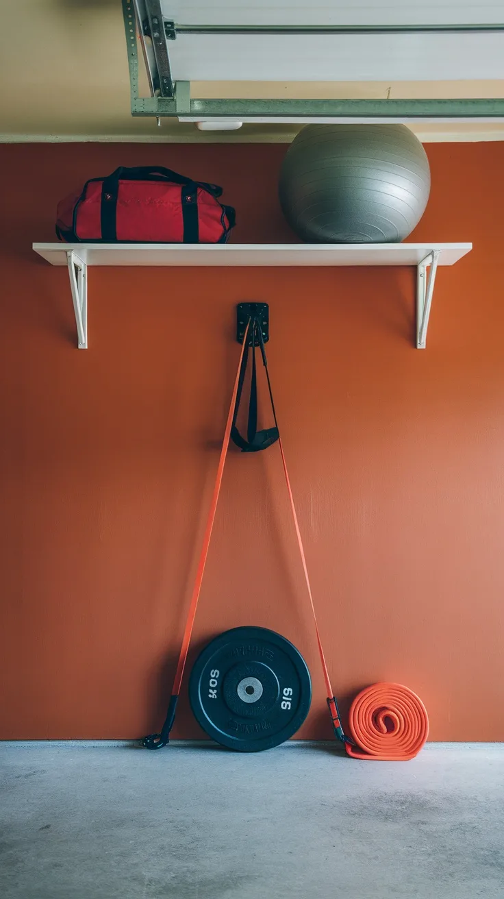 Wall-mounted resistance bands in a garage gym setup