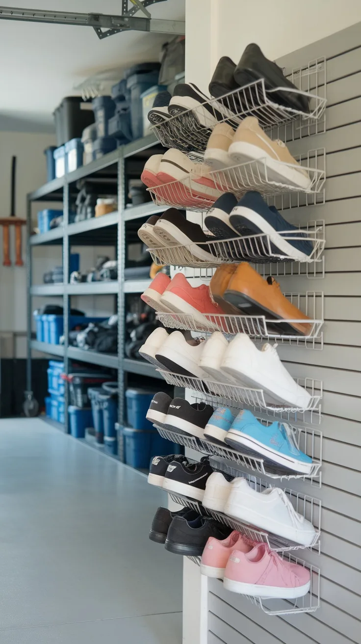 A wall-mounted shoe organizer displaying various shoes in a garage setting