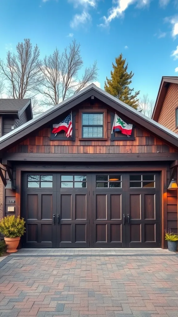 Garage painted in warm chocolate brown with wooden doors and flags displayed