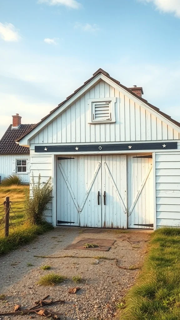 A whitewashed rustic garage door with a traditional design, set against a scenic farmhouse background.