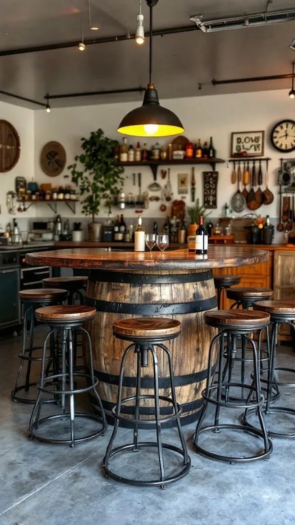 Wine barrel bar table with stools in a garage setting