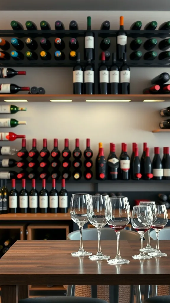 A stylish wine rack filled with various bottles and a tasting area with wine glasses on a wooden table.