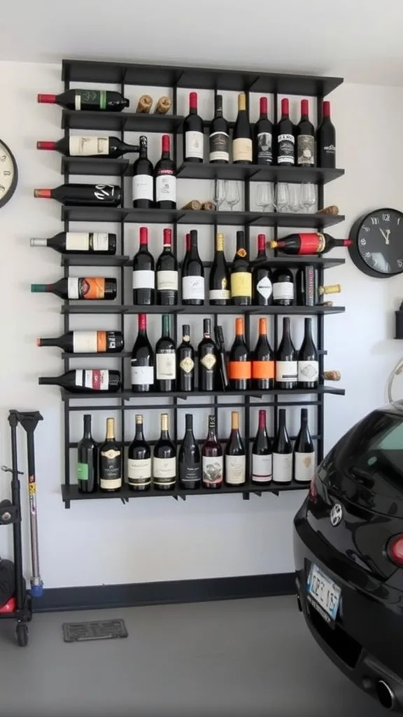 A modern wall-mounted wine rack displaying various wine bottles in a garage setting.