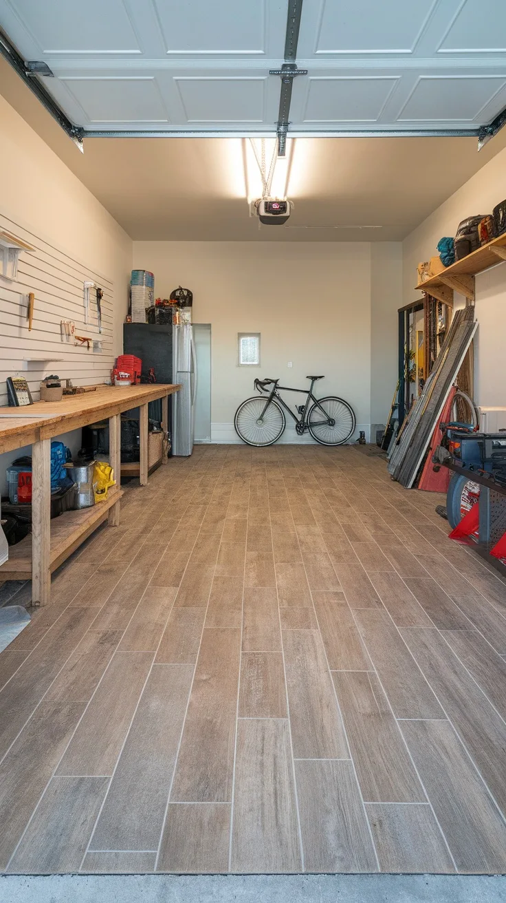 A garage featuring wood-look porcelain tiles, showing a clean and organized space with a bike and a workbench.