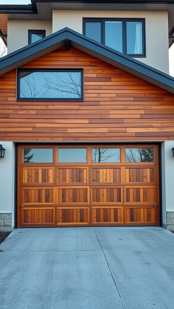 Wooden slat garage door with large windows, showcasing a modern design.