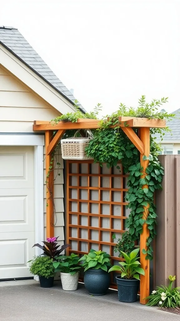 A wooden trellis adorned with climbing plants next to a garage, with potted plants at the base.