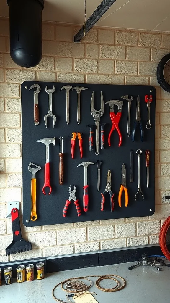 A tool shadow board with various hand tools neatly organized on a black board in a garage.