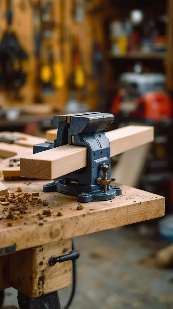 A close-up of a workbench vise on a wooden workbench in a garage setting.