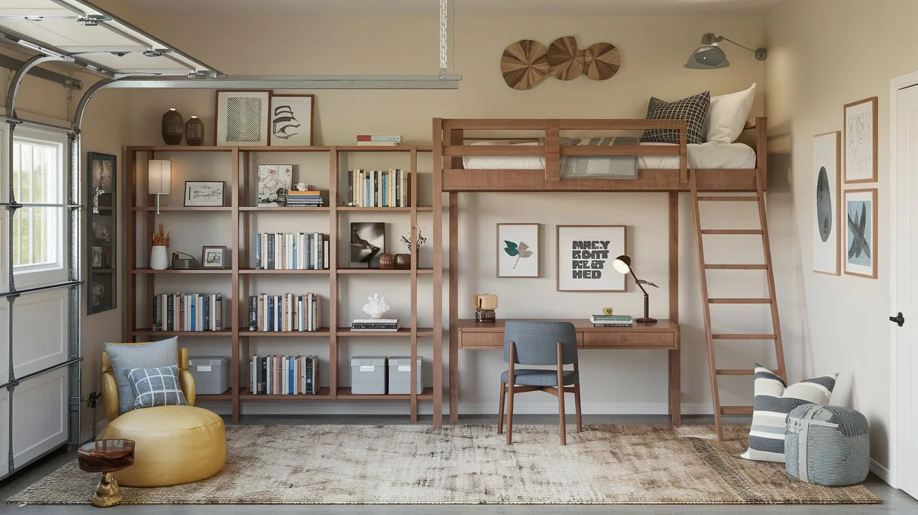 A garage bedroom with a cozy decor. The room has a loft bed with a wooden ladder. A desk and chair are placed under the loft bed. There is a bookshelf filled with books and decorative items. A rug covers the floor. The walls have a few pieces of wall art.