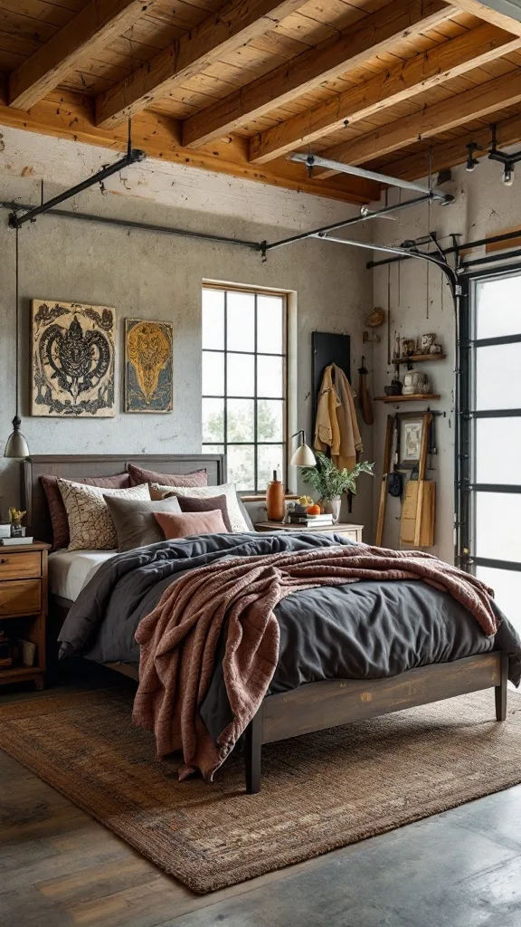 A stylish garage bedroom featuring artisan crafted furniture, including a wooden dresser, armoire, and a vintage armchair, under a decorative chandelier.