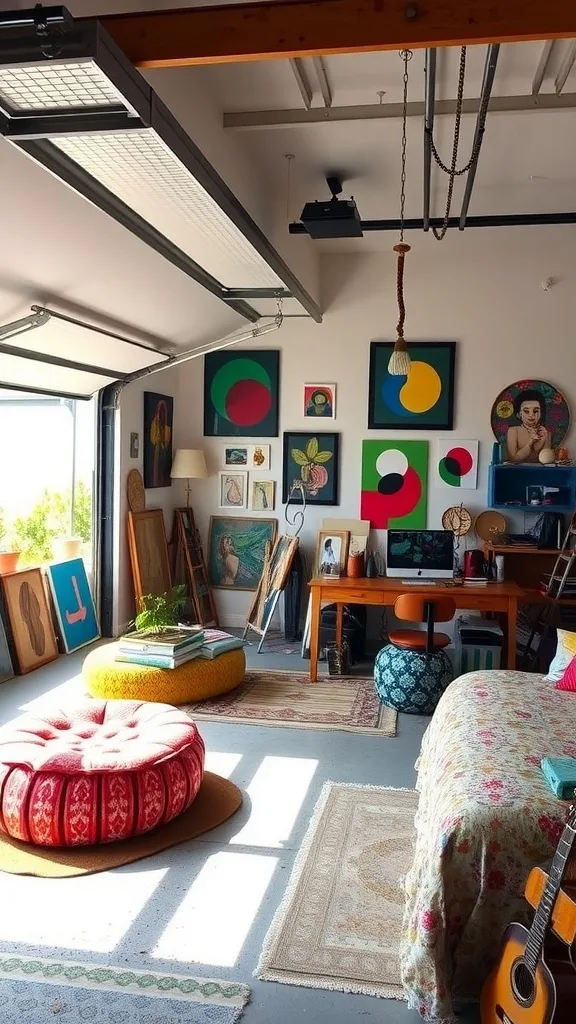 A colorful garage bedroom conversion with artistic decor, a workspace, and cozy seating