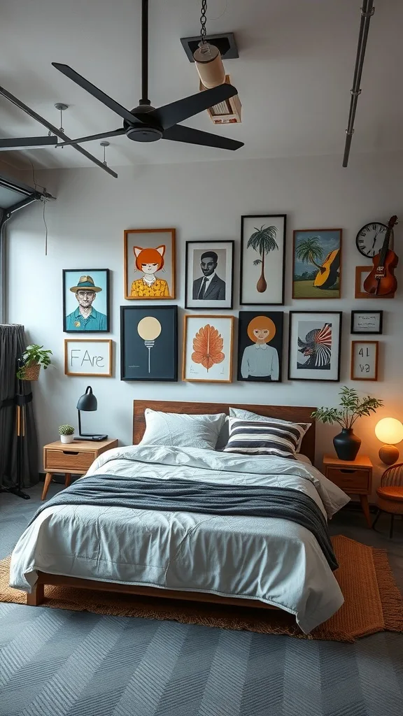 A cozy garage bedroom featuring a gallery wall with diverse framed artworks, a comfortable bed, and plants.