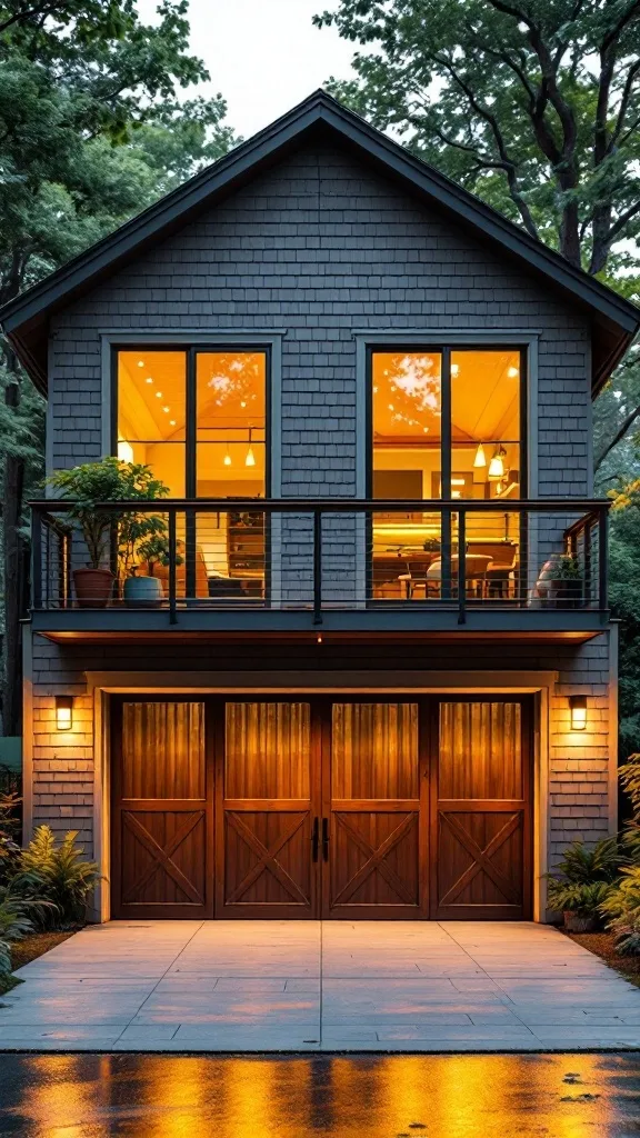 A modern garage with an upper living space featuring large windows and a balcony, set in a lush green environment.