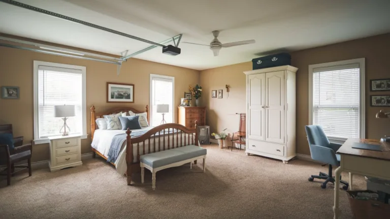 A large garage has been converted into a bedroom. There is a double bed with a wooden frame, a white wardrobe, a blue chair, and a desk. The walls have been painted beige. There are two windows with white blinds. The floor is covered with beige carpeting. A ceiling fan is installed. The room has a cozy ambiance.