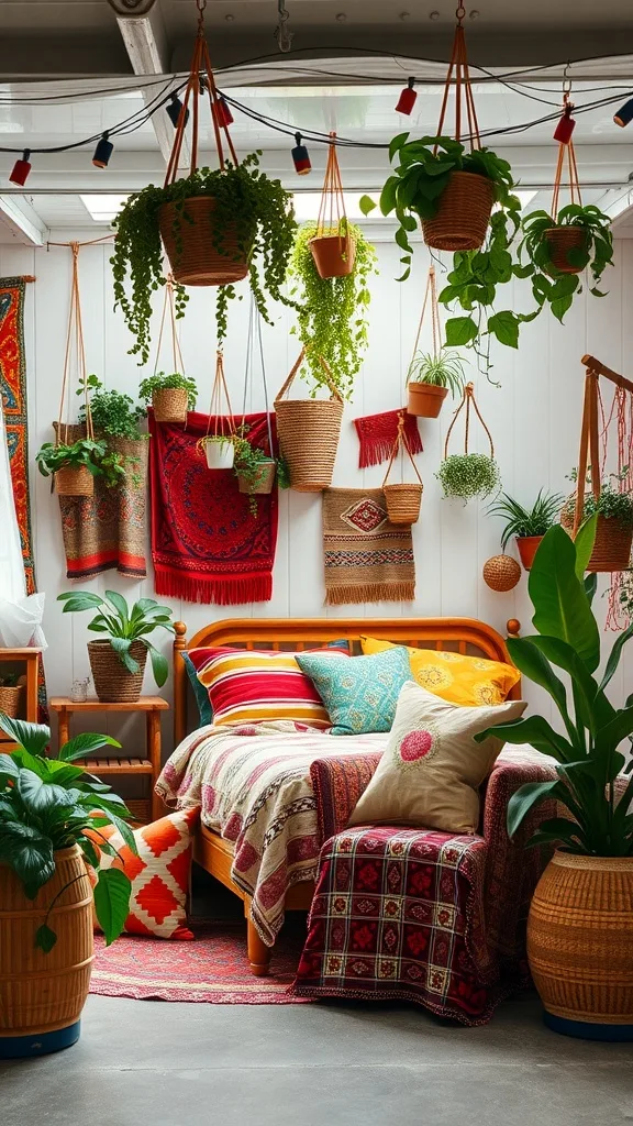 A bohemian-style bedroom in a garage with colorful textiles, pillows, and hanging plants.