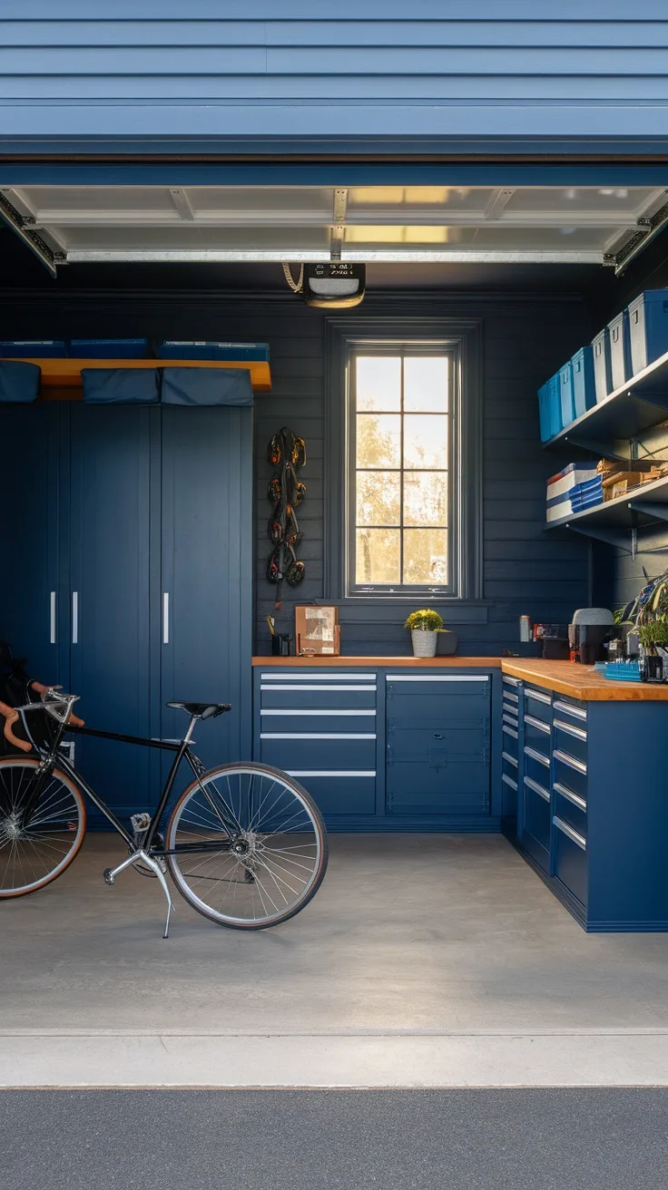 A modern garage featuring bold navy blue walls, organized cabinets, and a bicycle.